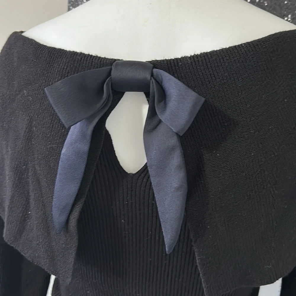 White House Black Market Bow Back Sweater Black Long Sleeve Keyhole Sz S - Picture 9 of 12